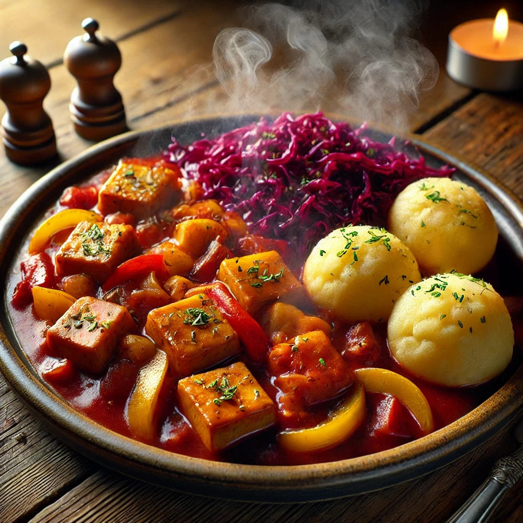Tempeh-Gulasch mit Knödeln