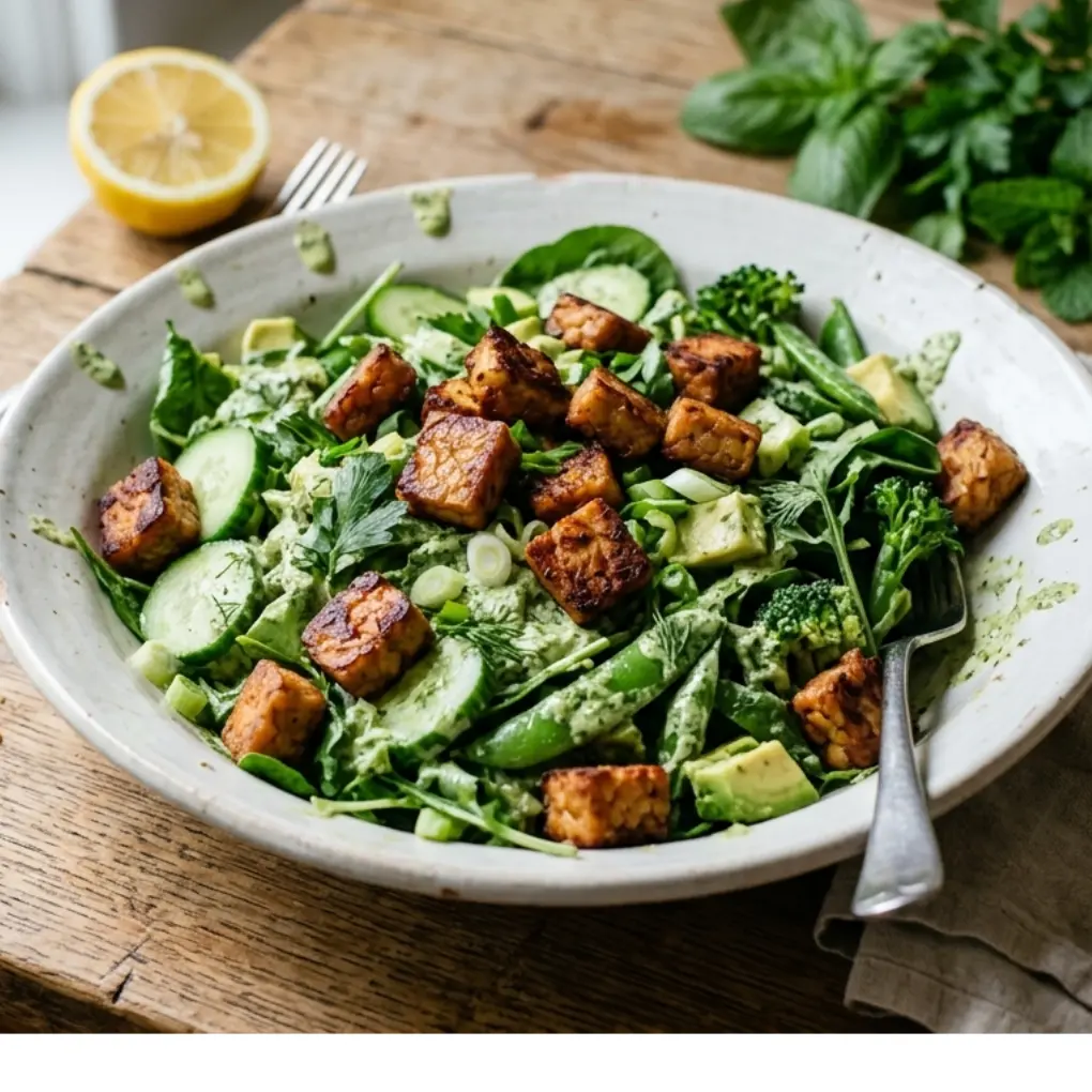 Green Goddess Tempeh Salat mit knusprigem Tempeh, Avocado, Gurke und cremigem Kräuterdressing in einer Keramikschale