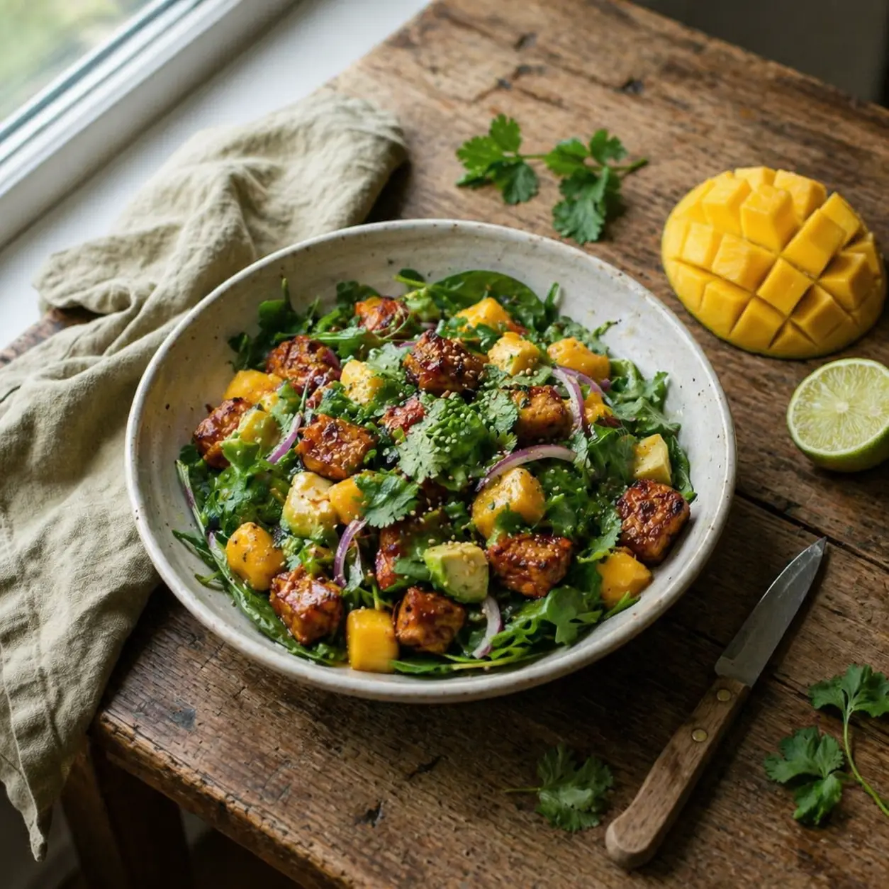 Tropischer Tempeh-Salat mit Mango, Avocado und Limetten-Dressing in einer Keramikschale, natürlich angerichtet mit frischen Zutaten
