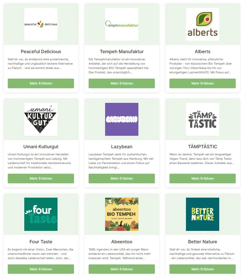 „Übersicht mit Tempeh‑Marken: Peaceful Delicious, Tempeh Manufaktur, Alberts, Umani Kulturgut, Lazybean u. weitere