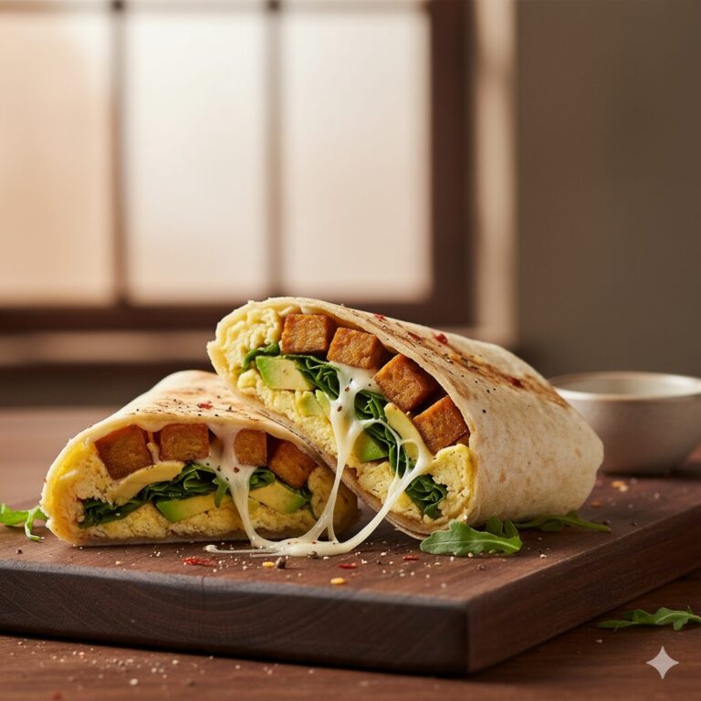 Halbierter Frühstücks-Wrap mit Rührei, geschmolzenem Mozzarella, knusprigem Tempeh, frischer Avocado und Rucola, serviert auf einem Holzbrett in warmem Brunch-Licht.