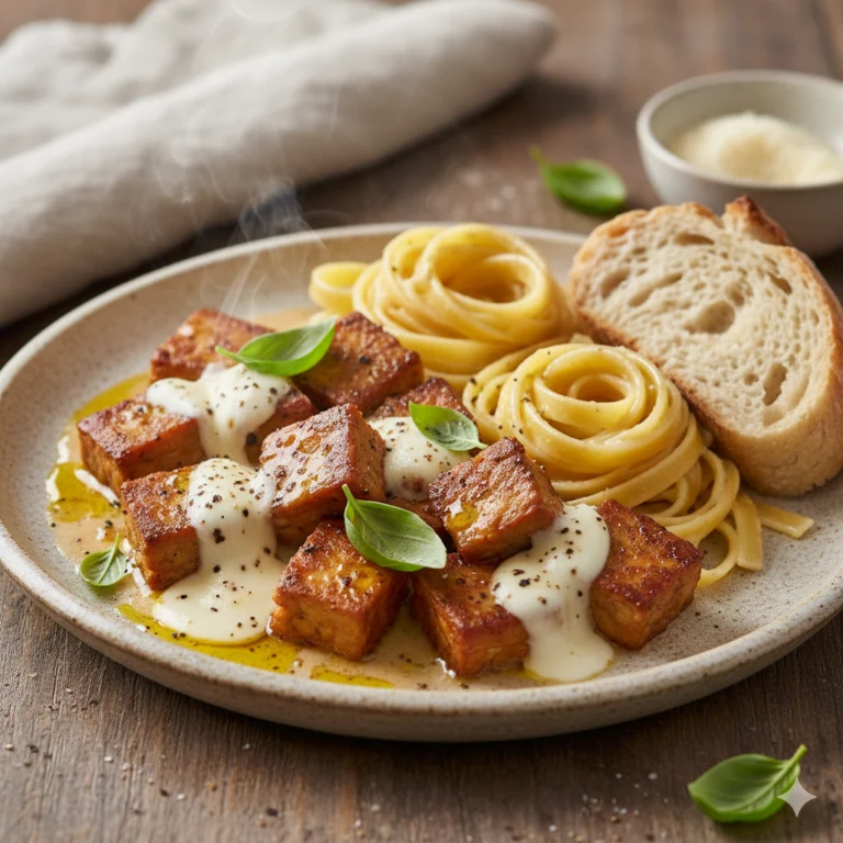 Mozzarella-Tempeh in cremiger Basilikum-Sahnesauce serviert mit Pasta