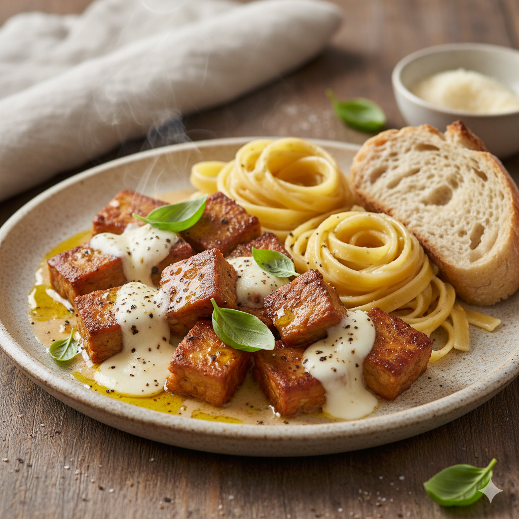 Mozzarella-Tempeh in cremiger Basilikum-Sahnesauce serviert mit Pasta