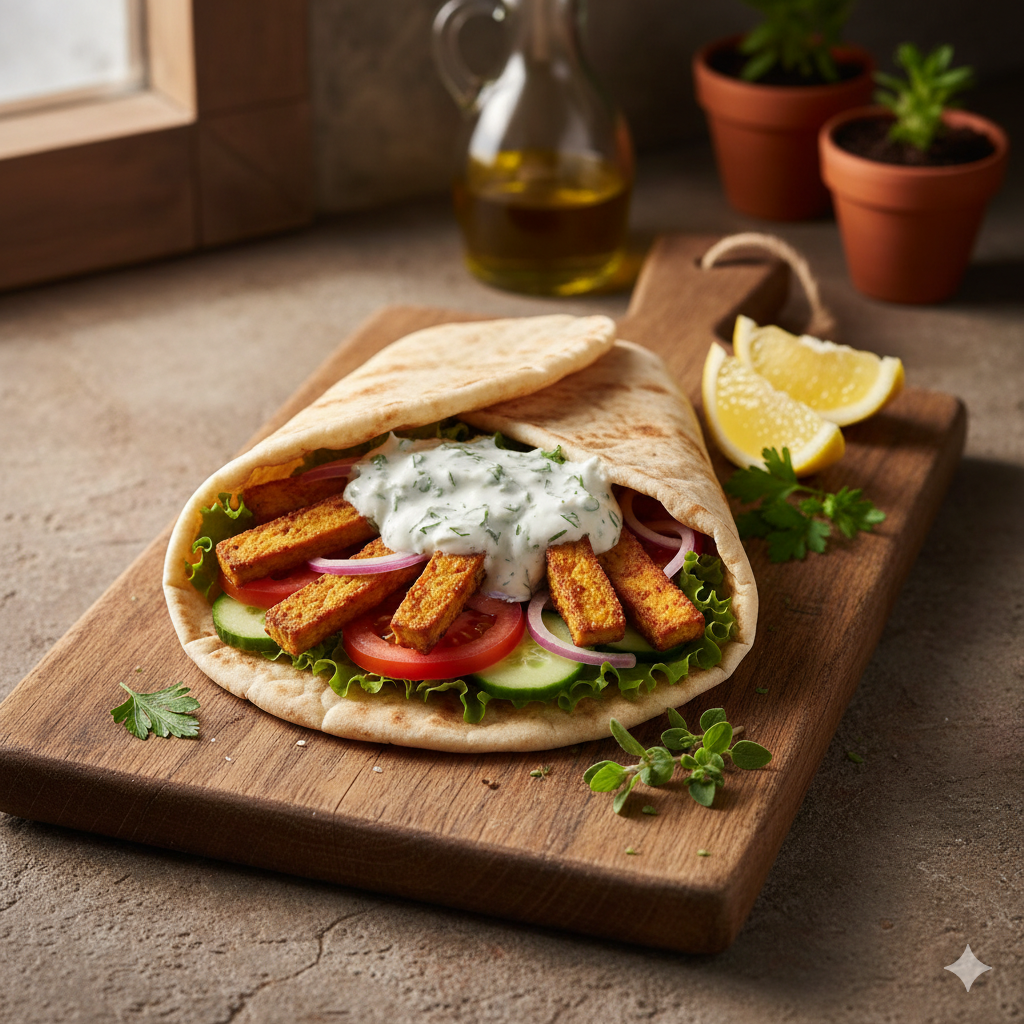 Tempeh-Gyros mit Tsatsiki und Pita im Airfryer zubereitet