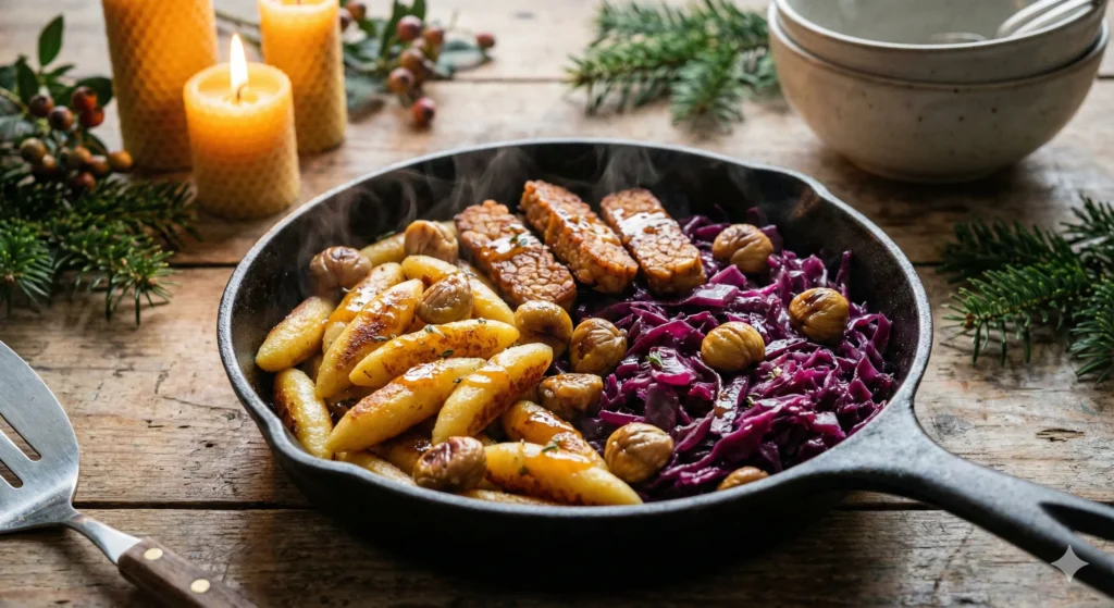 Knusprige Tempeh-Rotkohl-Schupfnudeln in einer Pfanne, serviert mit Maronen und glänzender Orangen-Thymian-Glasur in winterlicher Atmosphäre.