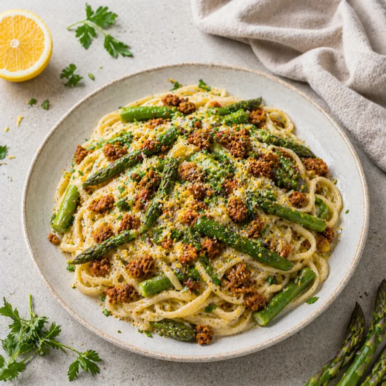 Spargel-Pasta mit knusprigen Tempeh-Crumbles