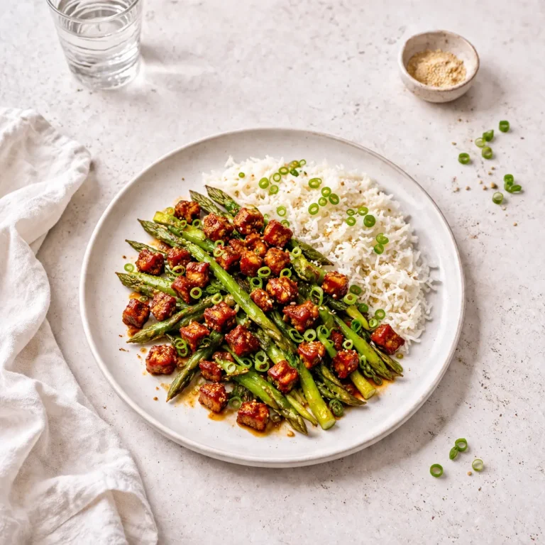 Grüner Spargel mit knusprigem Chili-Soja-Tempeh in würziger Glasur auf hellem Teller