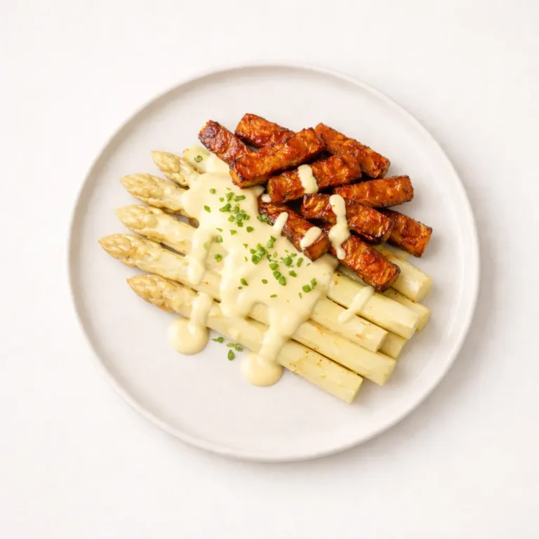 Ofenspargel mit weißem Spargel, knusprigem Smoked Tempeh und veganer Sauce Hollandaise auf hellem Teller