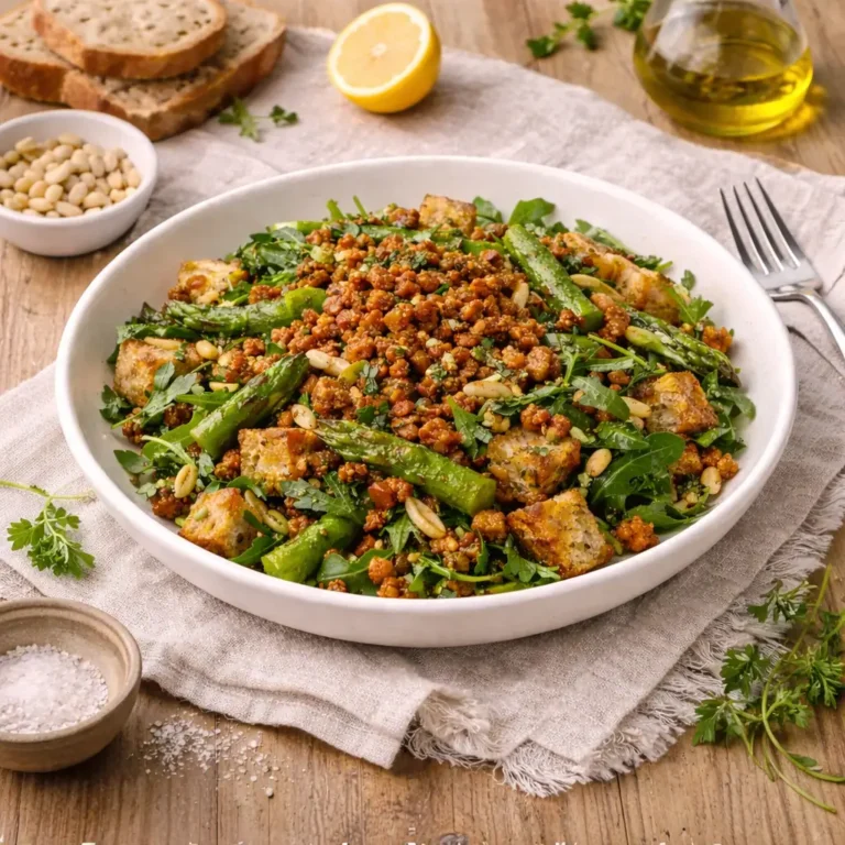 Spargel-Brotsalat mit knusprigem Tempeh-Crunch, geröstetem grünen Spargel, knusprigen Brotwürfeln, Rucola und Petersilie in einer hellen Schale auf Leinentuch