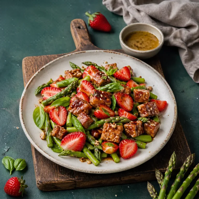 Frischer Spargel-Erdbeer-Salat mit Ahorn-Senf-Tempeh