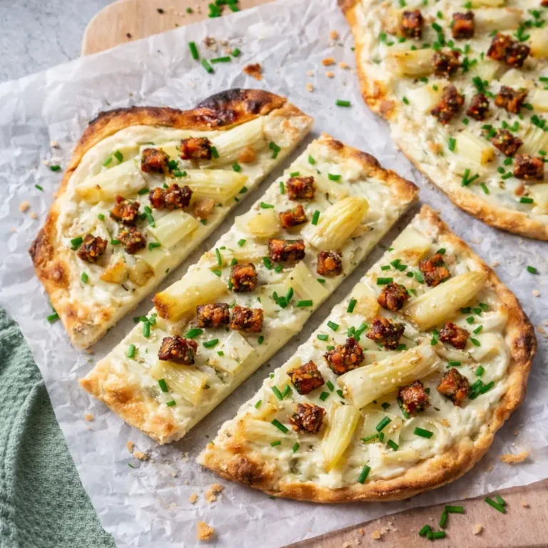 Spargel Flammkuchen mit weißem Spargel in Stücken und knusprigem Tempeh Bacon auf dünnem, goldbraunem Teig
