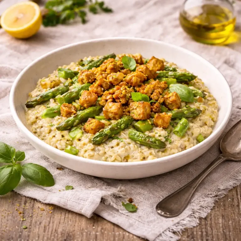 Cremiges Spargelrisotto mit Zitronen-Tempeh, grünem Spargel und frischem Basilikum in einer hellen Schale auf Leinentuch mit Zitrone und Olivenöl