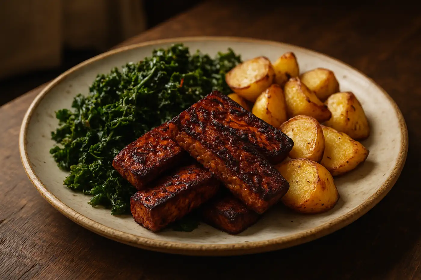 Grünkohl mit knusprigem Tempeh und goldbraunen Röstkartoffeln auf rustikalem Keramikteller.