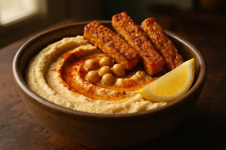 Hummus mit getrockneten Kichererbsen & Tempeh-Sticks