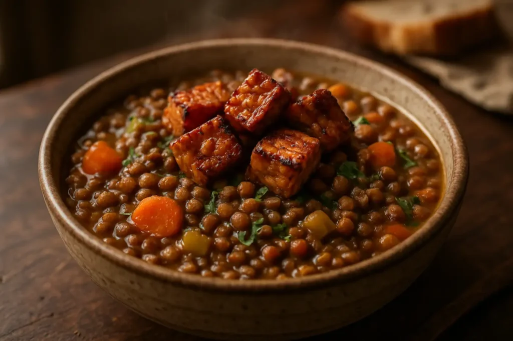 Herzhafter Linseneintopf in Keramikschüssel mit knusprigen Tempeh-Stücken, Karotten und Kräutern.
