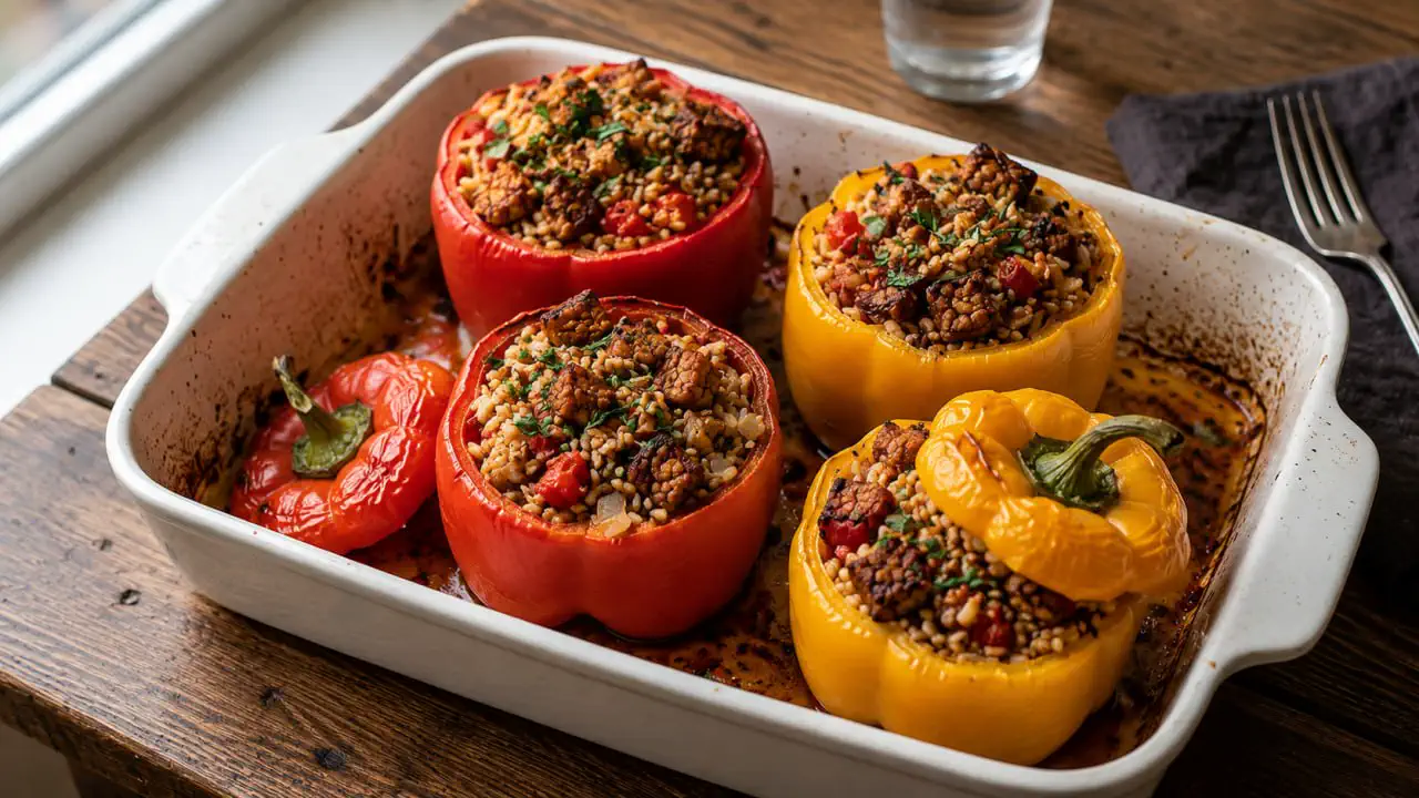 Gefüllte Paprika mit Tempeh und Reis in weißer Auflaufform, aufrecht stehend mit sichtbar gebräunter Füllung.