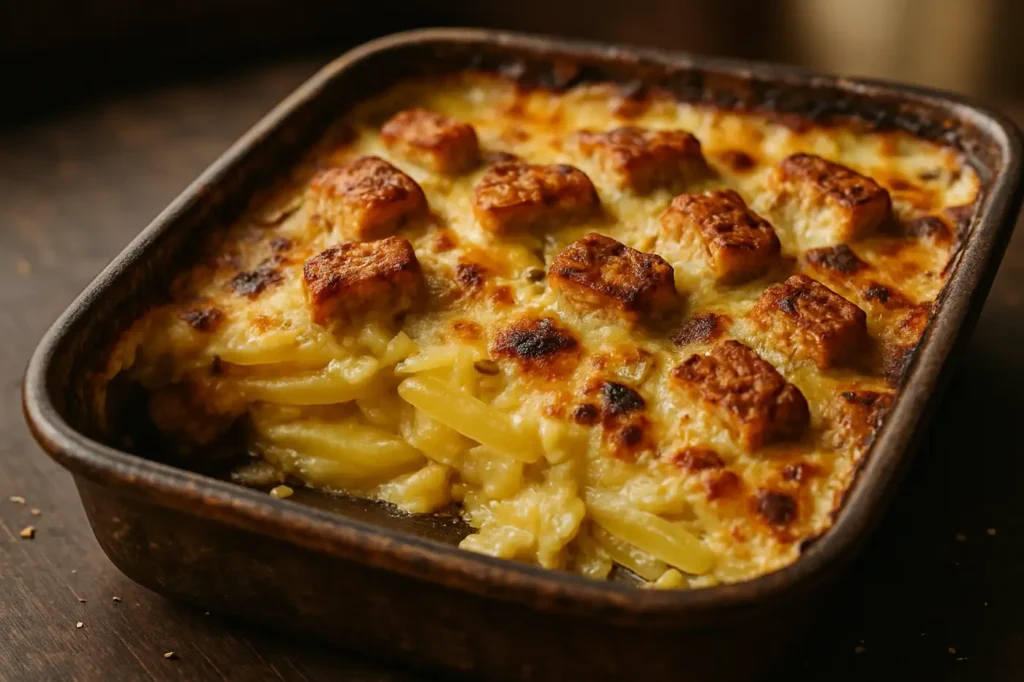 Cremiges Kartoffelgratin mit Lauch und gebräunten Tempeh-Stücken in rustikaler Auflaufform mit goldener Kruste.
