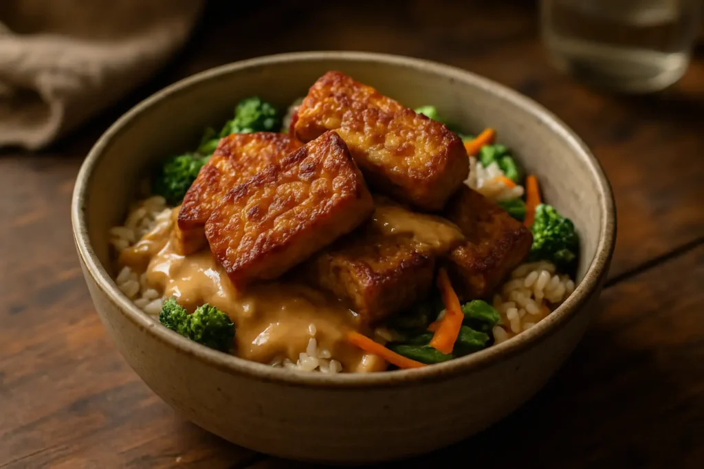 Tempeh-Bowl mit Reis, Gemüse und cremiger Erdnuss-Sauce in rustikaler Keramikschüssel.