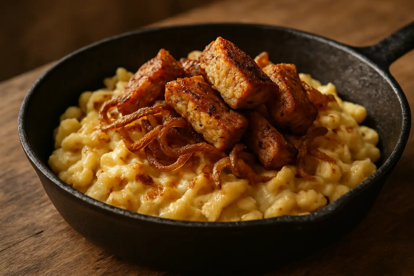 Vegane Tempeh-Käsespätzle in dunkler Pfanne mit knusprigen Röstzwiebeln und gebräunten Tempeh-Stücken.