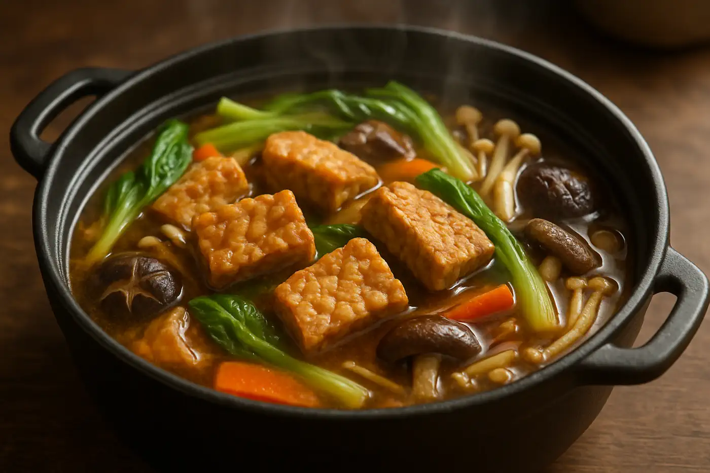 Chinesischer Tempeh-Hotpot mit Gemüse, Brühe und gebräunten Tempeh-Stücken in dunklem Topf.