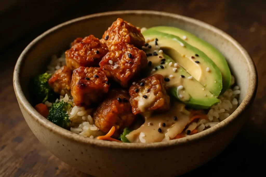 Knusprige Tempeh-Bowl mit Avocado und Sesam-Dressing in rustikaler Keramikschüssel.