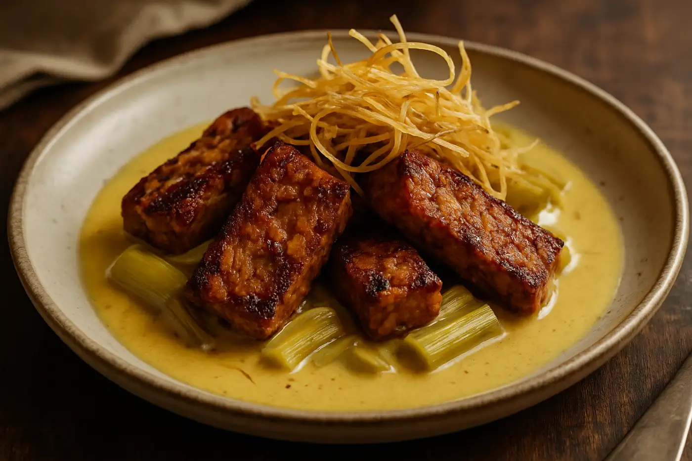 Porree-Tempeh mit cremiger Safran-Sauce und knusprigem Kartoffelstroh auf rustikalem Teller.
