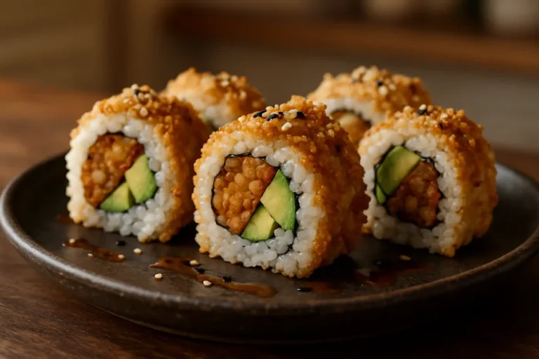 Tempeh Sushi Crunch Rolls auf dunklem Keramikteller mit sichtbarer Avocado und knusprigem Tempeh.