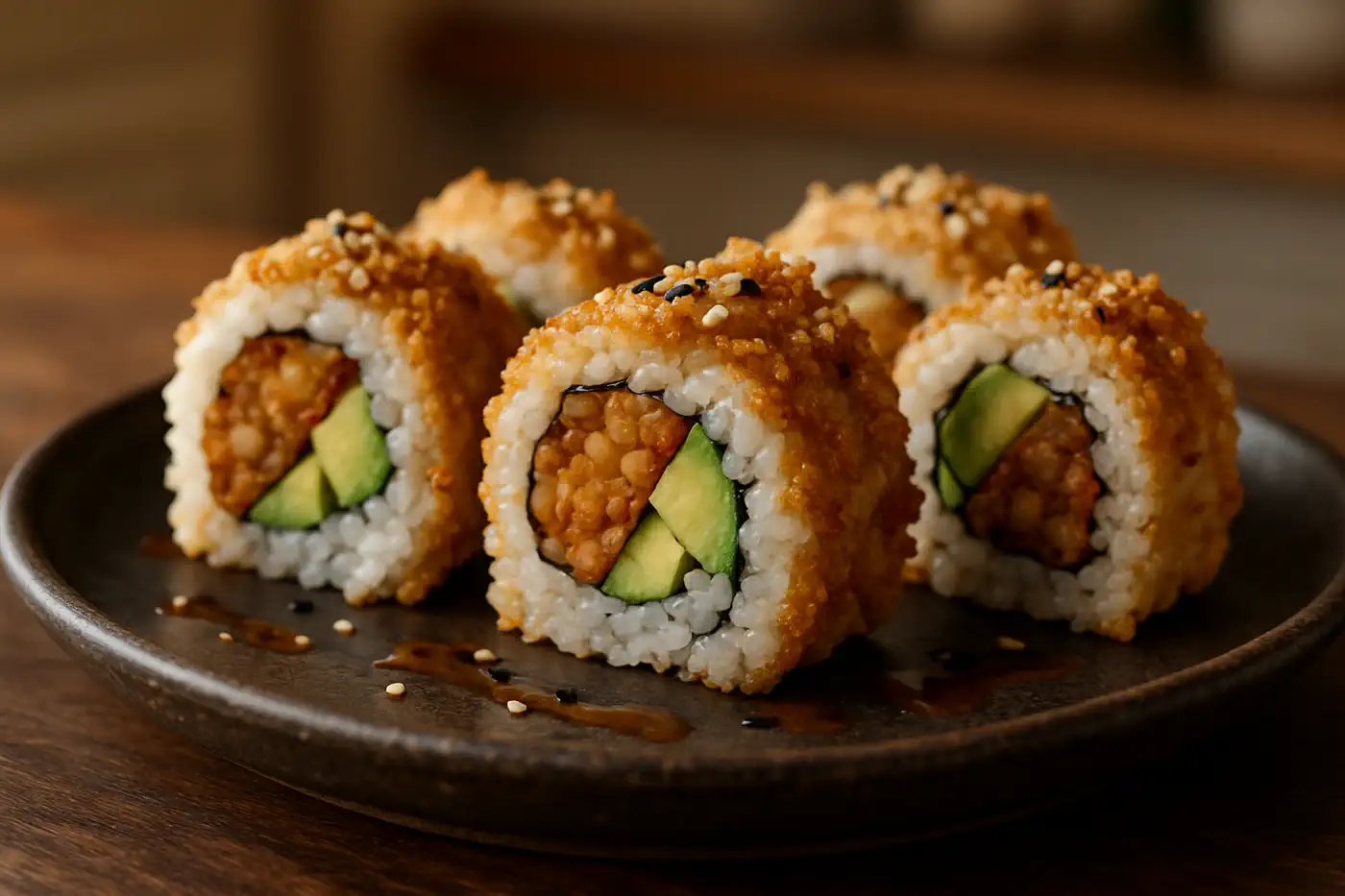 Tempeh Sushi Crunch Rolls auf dunklem Keramikteller mit sichtbarer Avocado und knusprigem Tempeh.