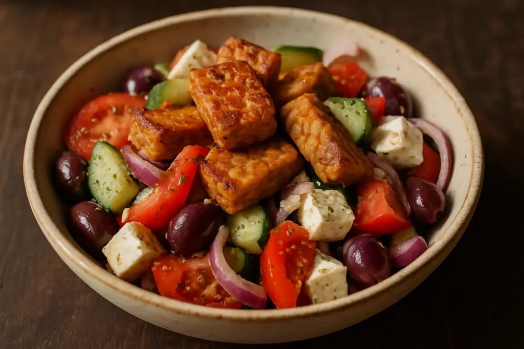 Griechischer Tempeh-Salat mit Oliven, Feta und gebräunten Tempeh-Stücken in rustikaler Schüssel.