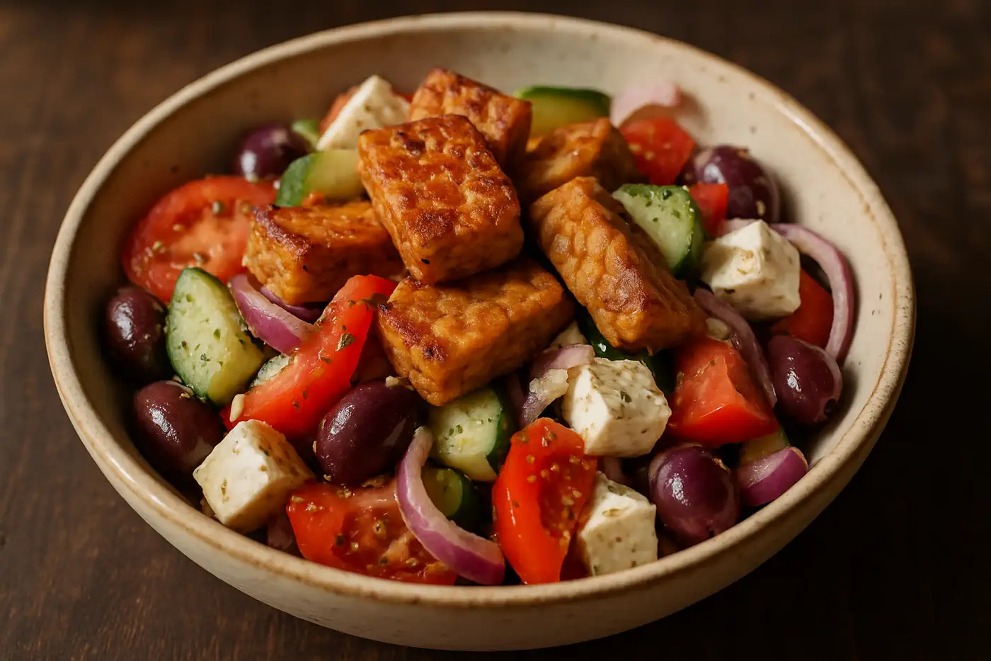 Griechischer Tempeh-Salat mit Oliven, Feta und gebräunten Tempeh-Stücken in rustikaler Schüssel.