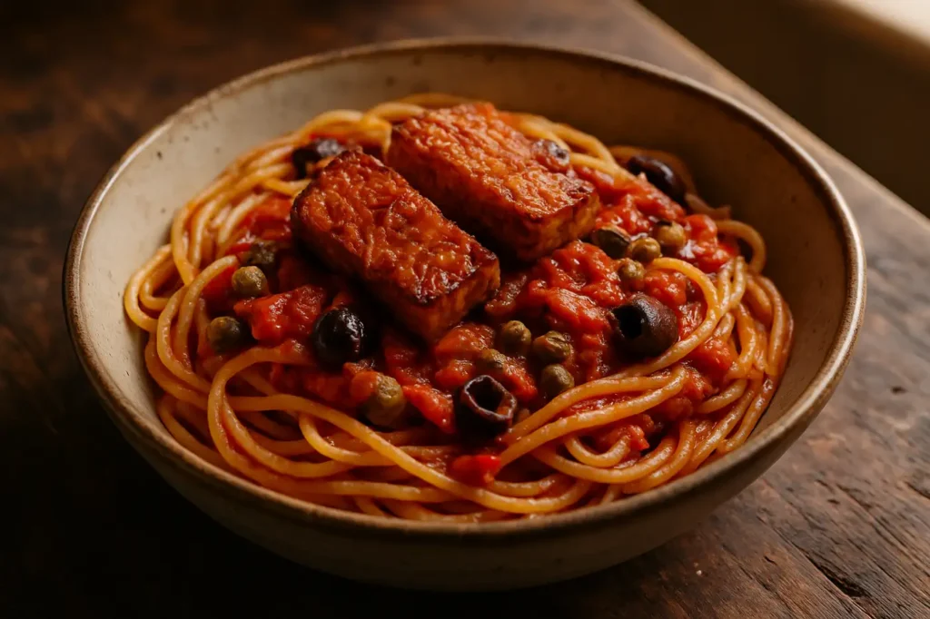 Pasta Puttanesca mit Tempeh in würziger Tomaten-Oliven-Kapern-Sauce in rustikaler Schale.