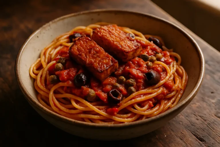 Pasta Puttanesca mit Tempeh