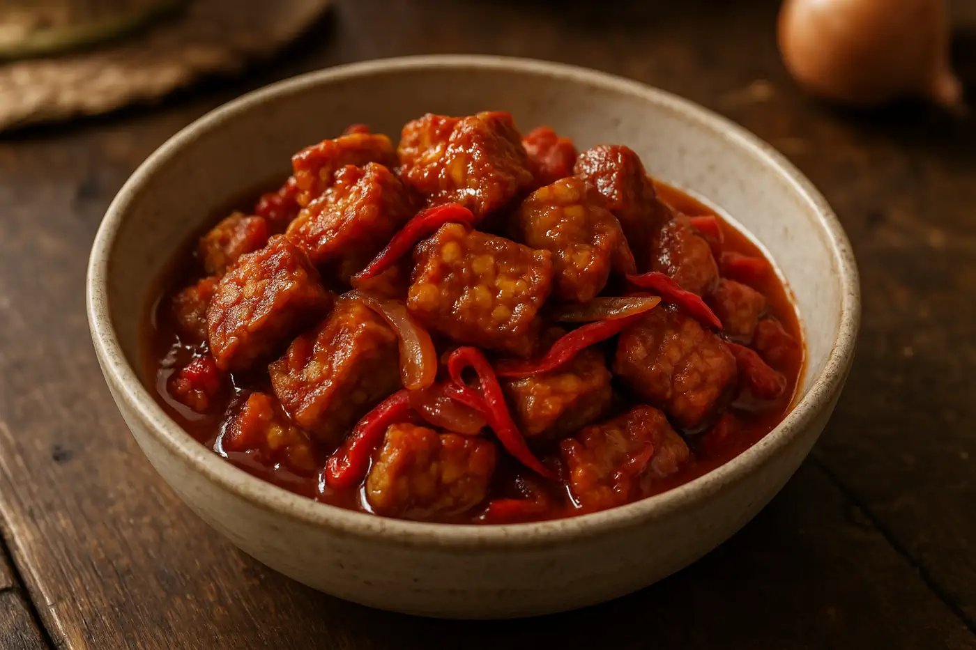 Sambal-Goreng-Tempeh mit würziger roter Sauce und gebräunten Tempeh-Stücken in rustikaler Schale.