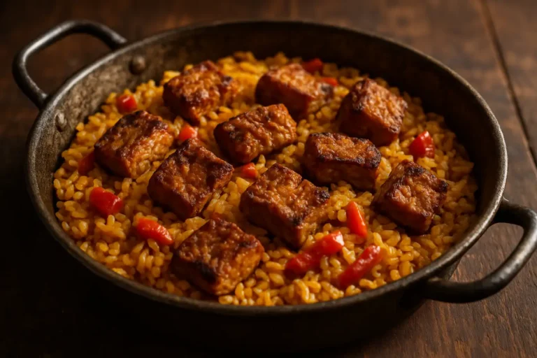 Spanische Paella mit Tempeh, Paprika und goldgelbem Reis in rustikaler Pfanne.