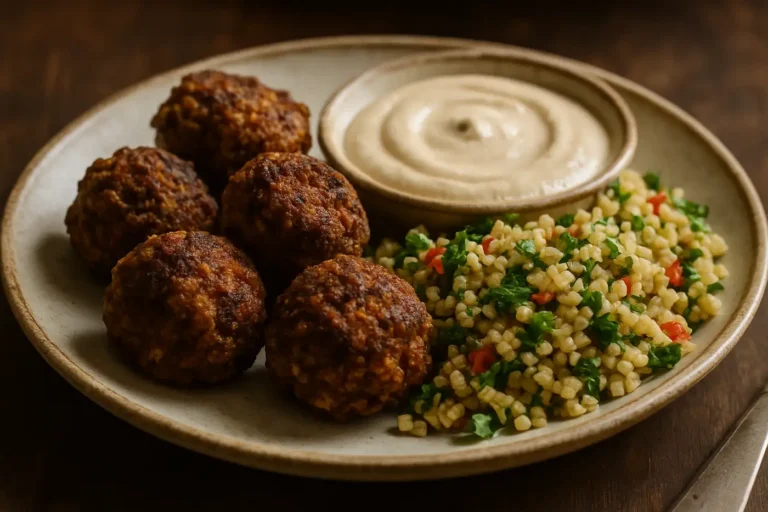 Tempeh-Falafel mit Tahini-Dip & orientalischem Bulgur-Salat