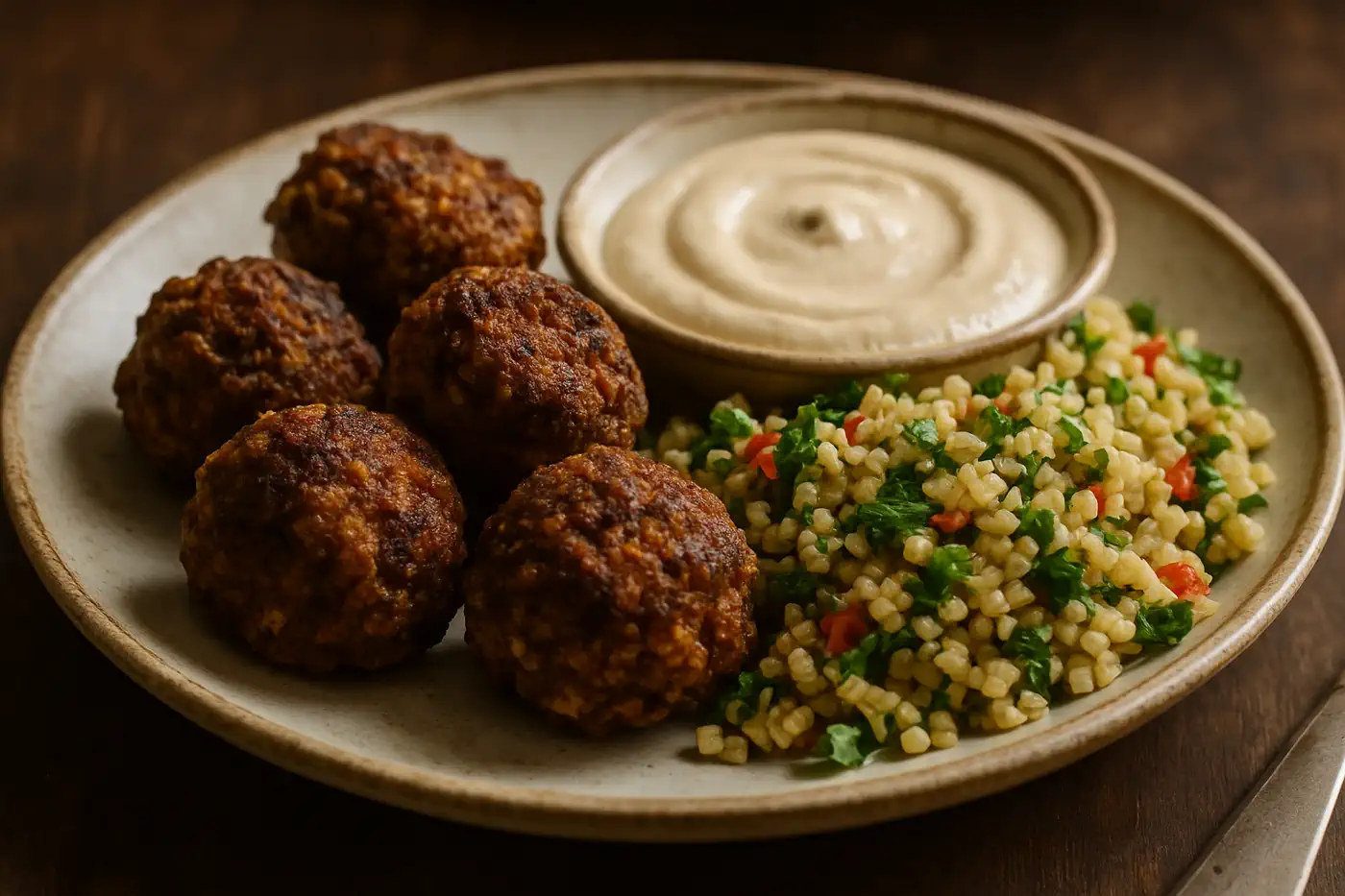 Tempeh-Falafel mit cremigem Tahini-Dip und orientalischem Bulgur-Salat auf rustikalem Teller.