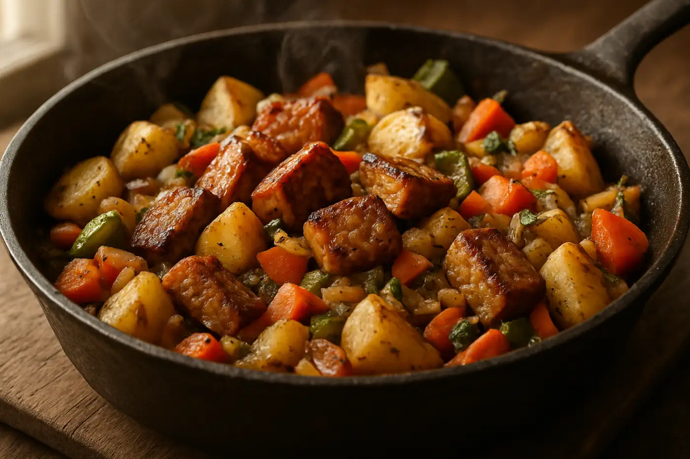Deftige Tempeh-Gemüsepfanne Bauernart mit Kartoffeln und gebräunten Tempeh-Stücken in rustikaler Pfanne.