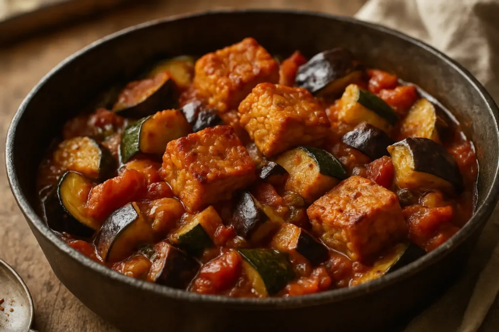 Geröstetes Tempeh-Ratatouille mit Zucchini, Aubergine und Tomaten in rustikaler Pfanne.