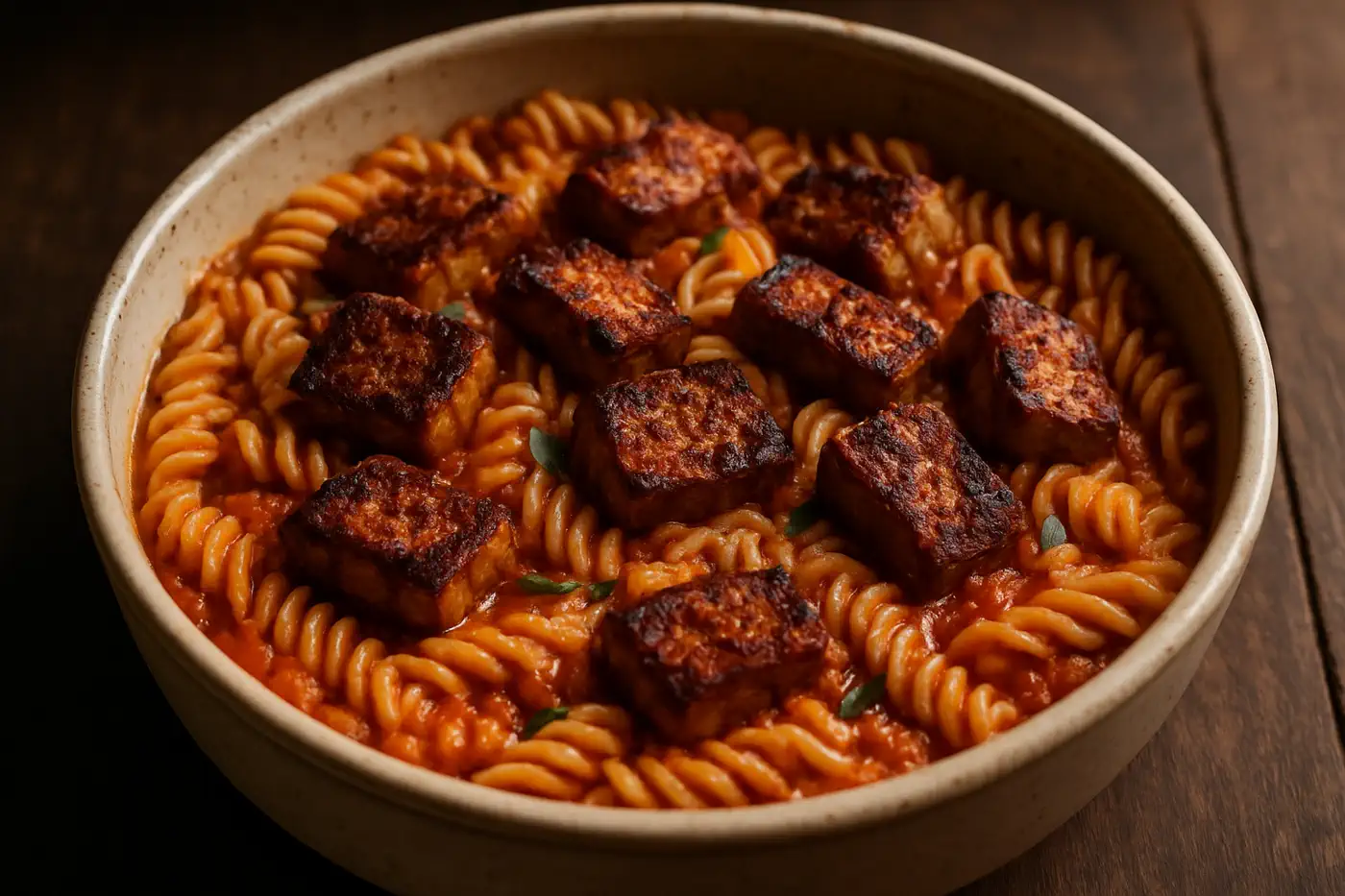 Baked Feta Pasta mit Tempeh in cremiger Tomatensauce mit gebräunten Tempeh-Stücken in rustikaler Schale.