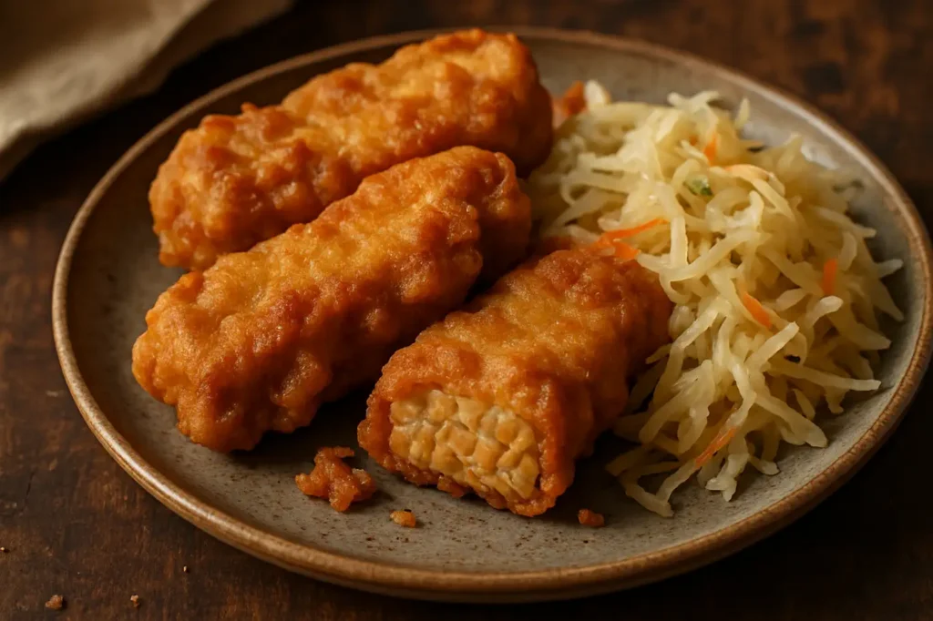Tempeh im knusprigen Bierteig mit lockerem Sauerkrautsalat auf rustikalem Teller.