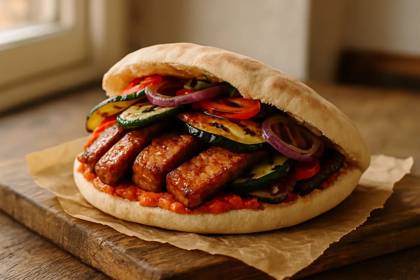 Tempeh-Pita mit Ajvar und gegrilltem Gemüse in fluffigem Pita-Brot auf rustikalem Brett.