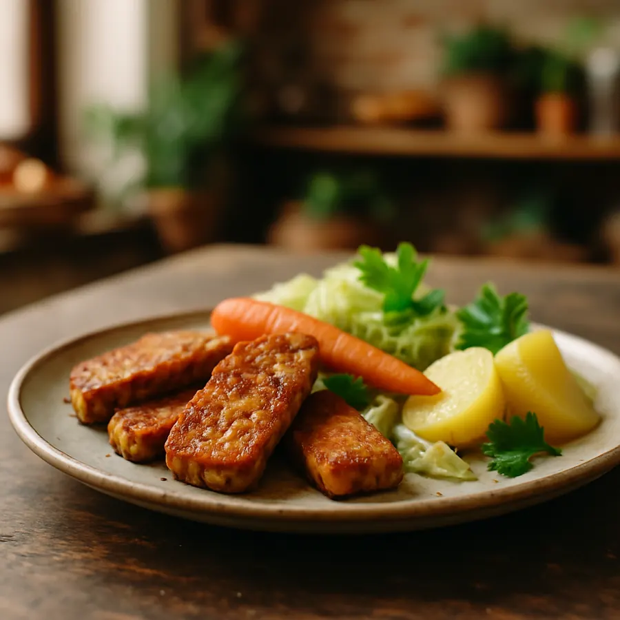 Goldbraun gebratener Tempeh mit Gemüse auf rustikalem Teller