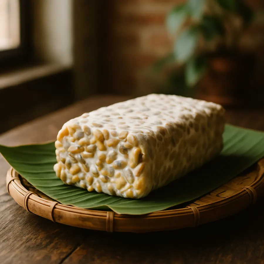 Tempeh-Fermentation: Sojabohnen mit weißem Myzel auf Bananenblatt