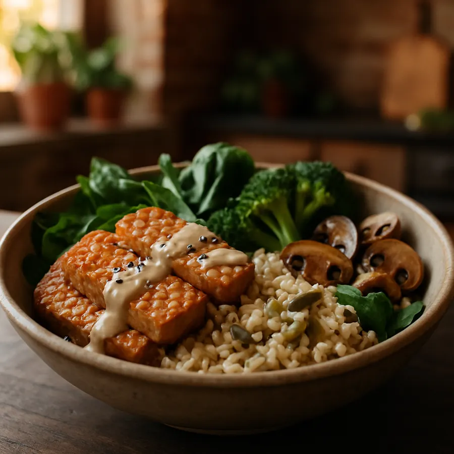 Tempeh Bowl mit Brokkoli, Blattgrün, Pilzen, Reis, Kernen und Tahini
