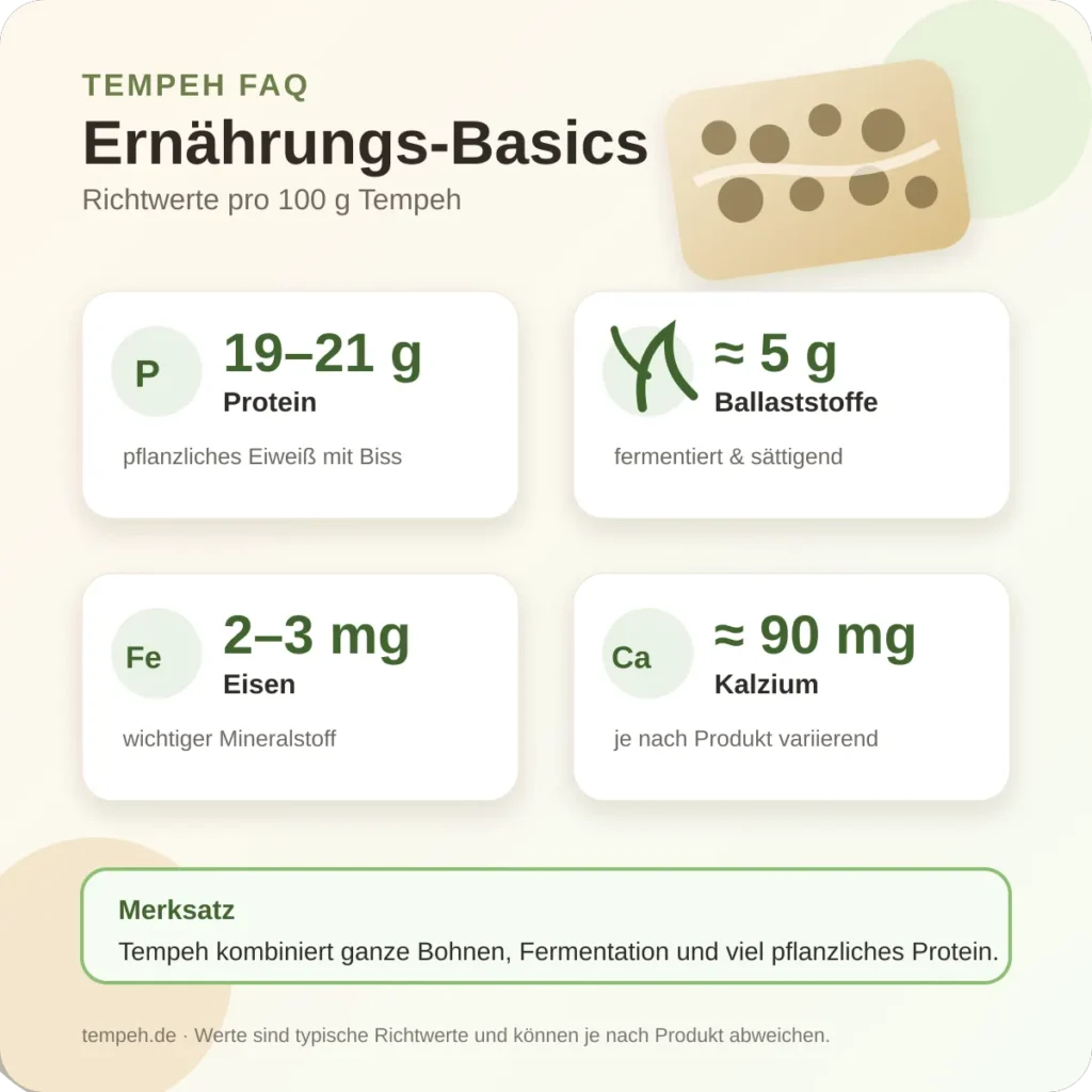 Infografik Tempeh Ernährungs-Basics mit Protein, Ballaststoffen, Eisen und Kalzium pro 100 Gramm