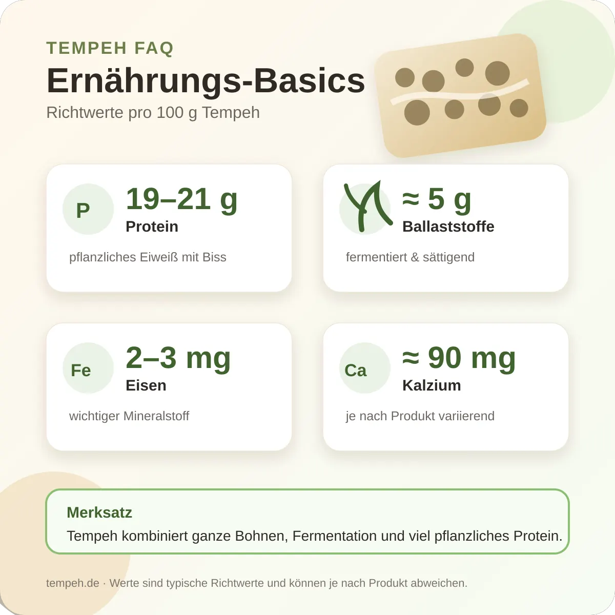 Infografik Tempeh Ernährungs-Basics mit Protein, Ballaststoffen, Eisen und Kalzium pro 100 Gramm