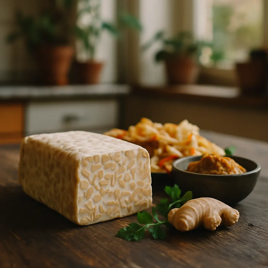 Frischer fermentierter Tempehblock mit Ingwer, Kräutern und fermentiertem Gemüse