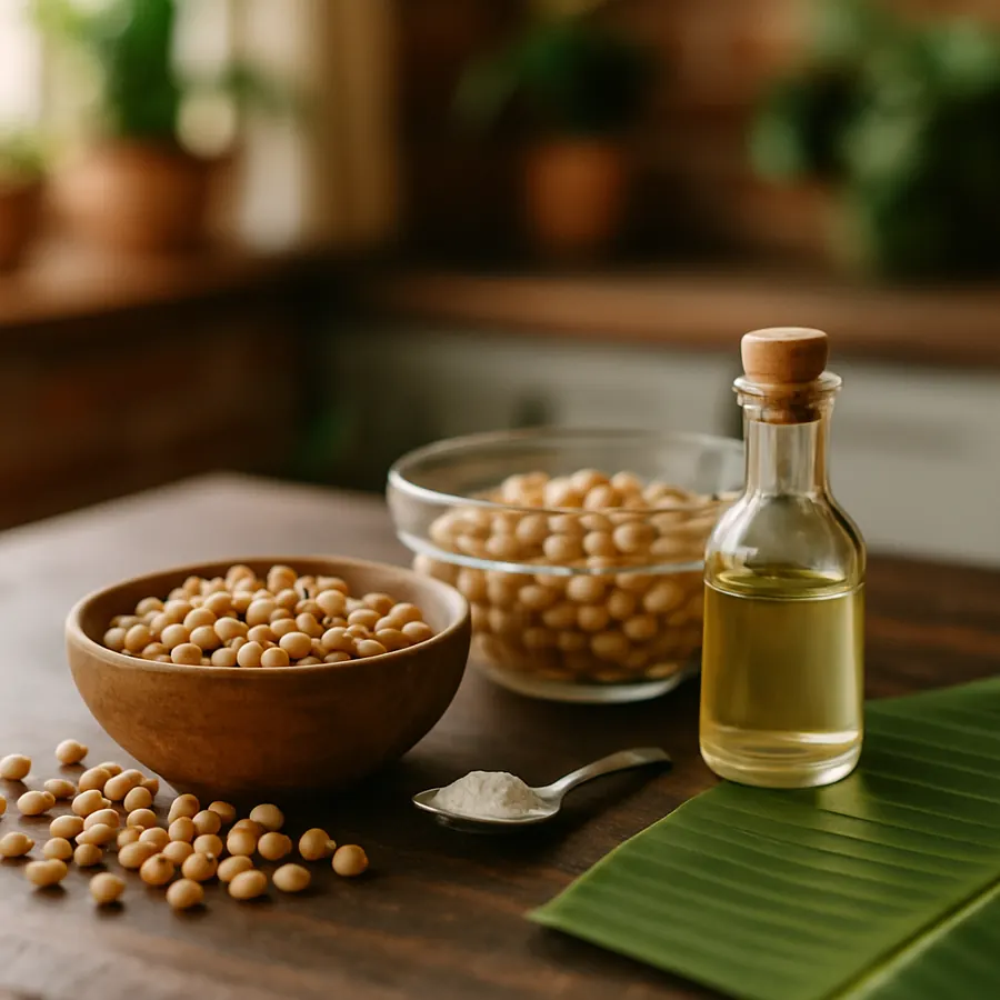 Sojabohnen, Tempeh-Starter, Essig und Bananenblatt für die Tempeh-Herstellung