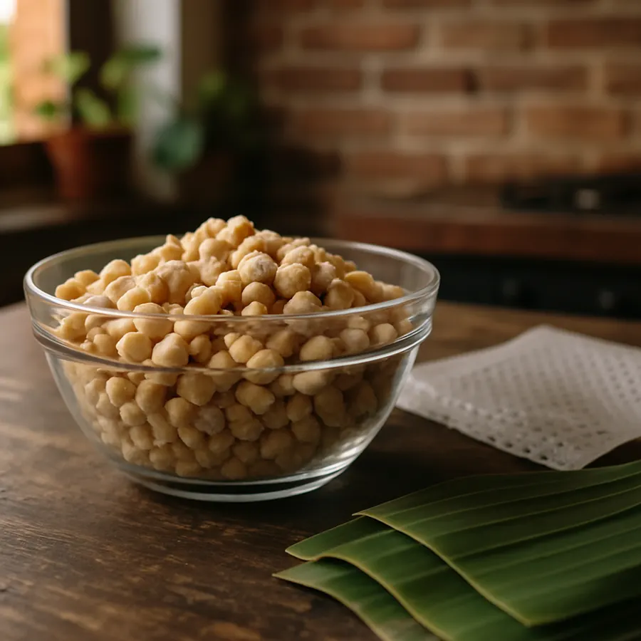 Gekochte Sojabohnen mit Tempeh-Starter neben perforiertem Beutel und Bananenblatt