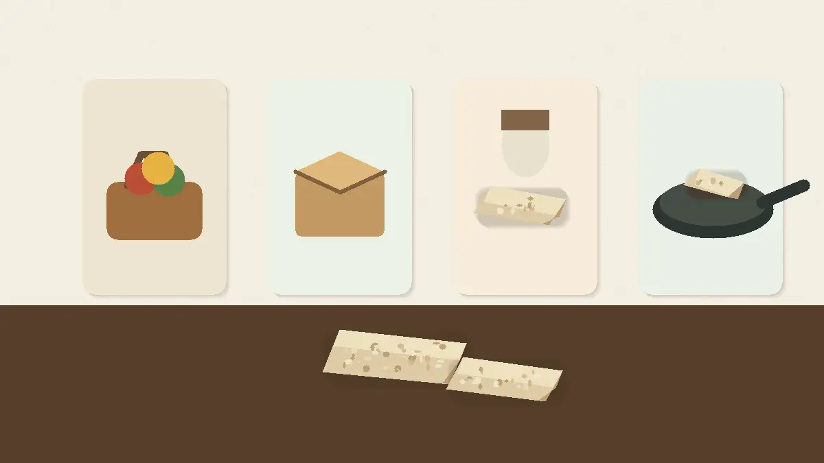 Illustration der wichtigsten Tempeh-Bezugsquellen: Markt, Online-Shop, Manufaktur und Gastronomie.